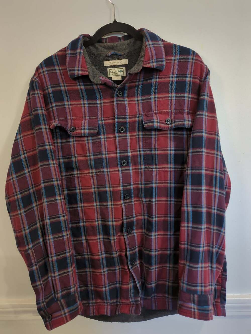 LL Bean Lined Plaid Flannel Shirt M Reg Red Blue Traditional Fit